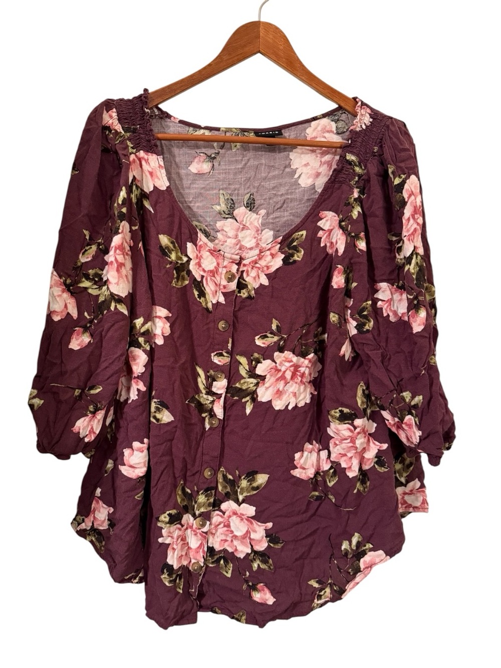 Torrid Floral Peasant Blouse Size 1 Burgundy Boho Cottagecore Top